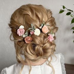 Rose flowers hair pins set Floral hair clip Bridal hair piece Blush pink hair pin Wedding hair accessories