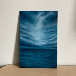 Blue Storm Painting, Small Oil Painting, Seascape Wall Decor, Ocean Painting