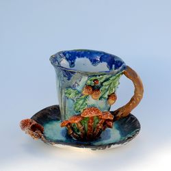 ,Mushrooms Teacup And Saucer, Oak leaves and acorns decor, Green Forest tea set Embossed cup Saucer with mushrooms decor