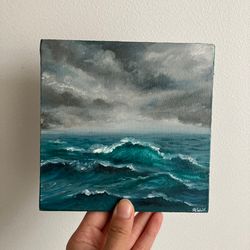 Small Ocean Painting On Canvas, Small Ocean Art, Green Waves Wall Decor