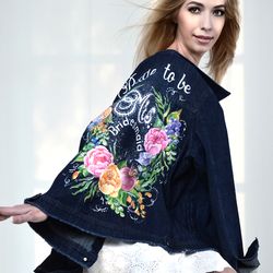 Bride Jean jacket, summer clothes, wedding jacket denim, hand painted personalized designer  jacket, fabric painted