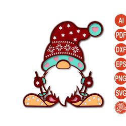 Layered gnome skiing mandala SVG, DXF Files For Cricut, Gnome cutting template