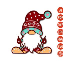 layered gnome skiing mandala svg, dxf files for cricut, gnome cutting template