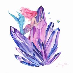 Mermaid Painting Mermaid and Crystal Original Art Purple Crystal Watercolor