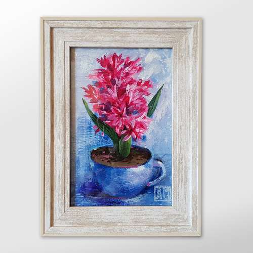 Original Small Oil Painting in a frame under glass Hyacinth flower