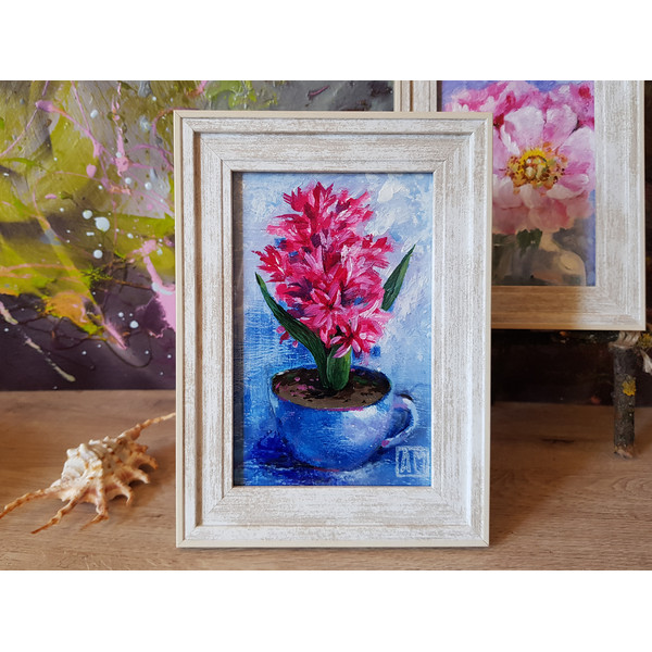 1 Small oil painting in a frame under glass - Hyacinth flower 5.9 - 3.9 in..jpg