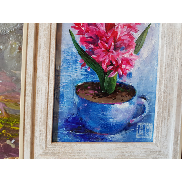 3 Small oil painting in a frame under glass - Hyacinth flower 5.9 - 3.9 in..jpg