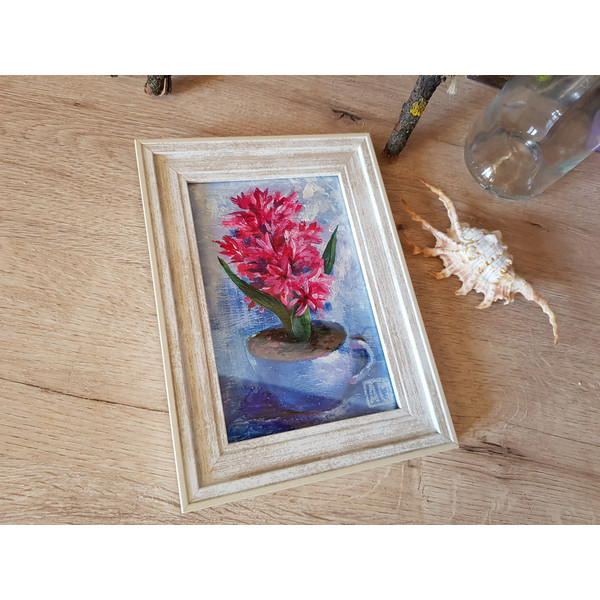 5 Small oil painting in a frame under glass - Hyacinth flower 5.9 - 3.9 in..jpg