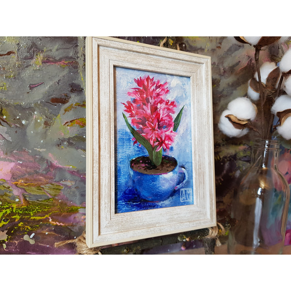 4 Small oil painting in a frame under glass - Hyacinth flower 5.9 - 3.9 in..jpg
