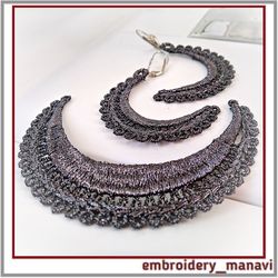 ITH FSL embroidery design earrings and a crescent shaped pendant