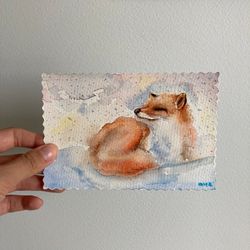 Small Fox Watercolor Painting, Original Red Fox Watercolor Art, Fox Wall Decor