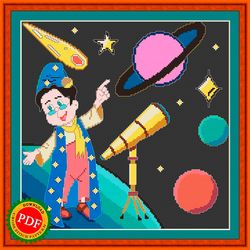 Astronomer Cross Stitch Pattern | Stargazer | Astrologer