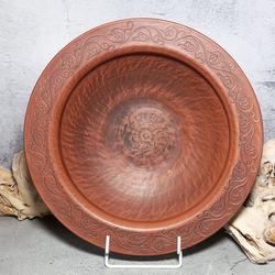 Pattern deep bowl diameter 11.81 inch Handmade red clay. Large plate