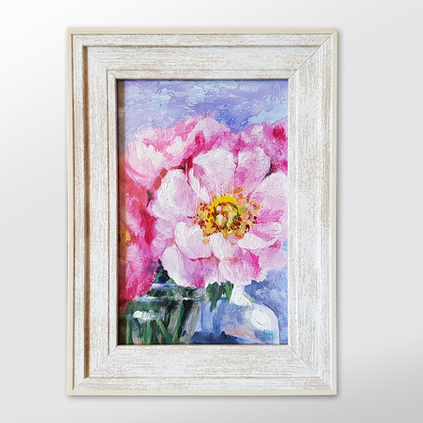 0 Small oil painting in a frame under glass - Peony Flower  5.9 - 3.9 in..jpg