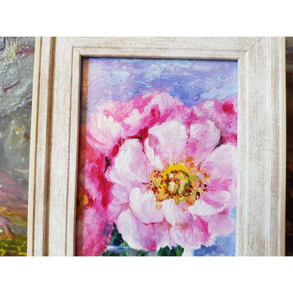2 Small oil painting in a frame under glass - Peony Flower  5.9 - 3.9 in..jpg