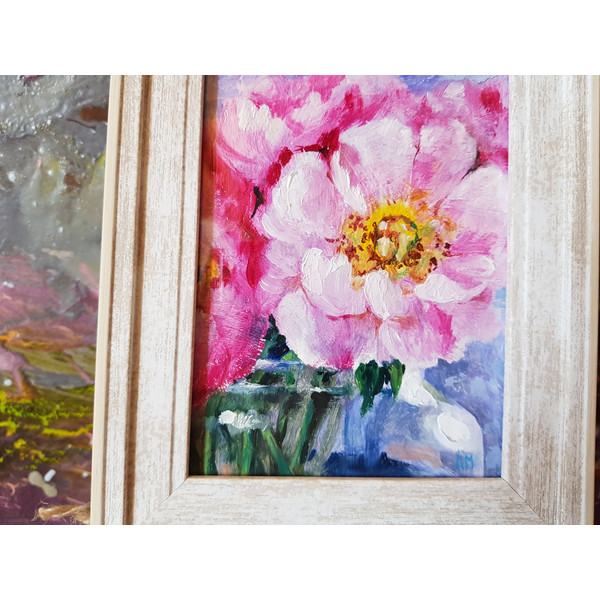 3 Small oil painting in a frame under glass - Peony Flower  5.9 - 3.9 in..jpg