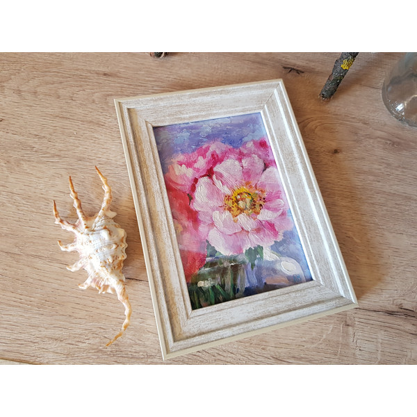 4 Small oil painting in a frame under glass - Peony Flower  5.9 - 3.9 in..jpg