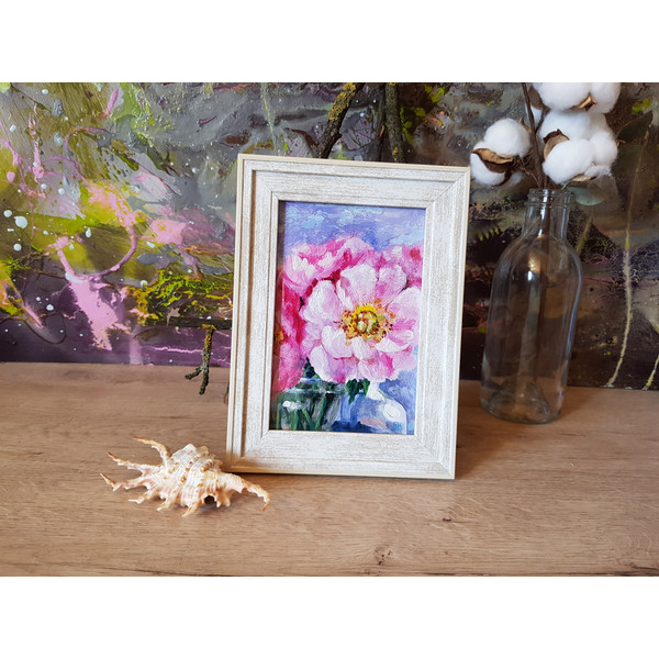 7 Small oil painting in a frame under glass - Peony Flower  5.9 - 3.9 in..jpg