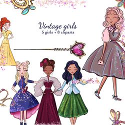 Vintage girls and accessoiries cliparts