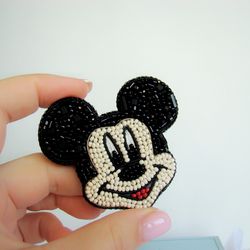 Brooch Mickey , beaded brooch, handmade brooch gift, pin for jacket, black brooch, cute jewelry, embroidered brooch