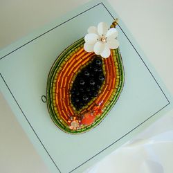 Brooch Papaya, fruit brooch, beaded brooch, embroidered brooch, gift for her, handmade brooch gift, summer beaded brooch