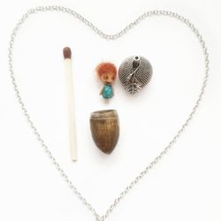 Handmade acorn necklace. Small wooden box. locket necklaces with doll inside. Tiny fairy house Inactive