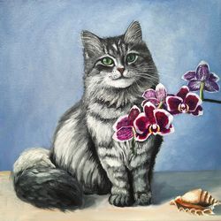 Grey Cat and Orchid Painting, Original Art, Animal Painting, Cat Artwork 12 by 12 inches