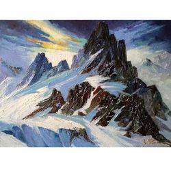 Rocky Mountains. Difficult pass. Oil painting on canvas stretched over cardboard measuring 11.8 x 15.7 inches