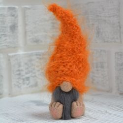 Orange gnome. Needle felted gnome. Handmade gnome. Orange toy