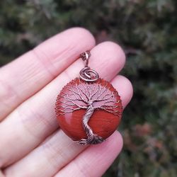 Red Full Moon Halloween Necklace, Jasper Tree Of Life Talisman Pendant, Celtic Yggdrasil World Tree Amulet Necklace