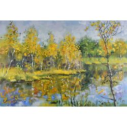 Autumn Painting Lake Birch Landscape Original Art Nature Forest Art Impressionism Art