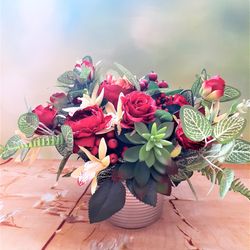 Burgundy rose floral centerpiece, Silk flower Arrangement in ceramic pot, Red roses, orchid and succulents centerpiece
