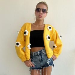 Chunky Knit Cardigan Yellow Cropped Cardigan for Women Oversize Handknit Wool Cardigan Sweaters