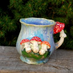 Beautiful ceramic mug Mushroom figurines Colorful Green blue mug Fly agaric figurine Wonderland style Handmade