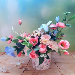 Roses, dahlias and bluebells arrangement, Pink and Blue Floral Centerpiece, Faux flower table arrangement, Floral decor