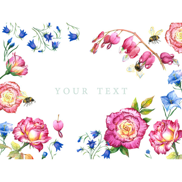 Postcard Watercolor Illustration Of Roses and bees.png