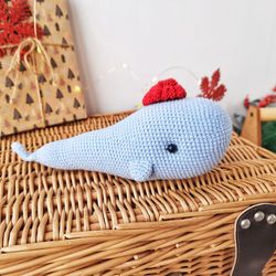 Stuffed blue whale toy for nursery decor.  Soft toy made of cotton yarn blue whale. Gift for a boat trip lover.