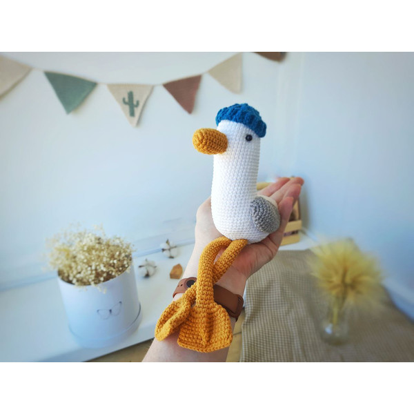 Stuffed seagull toy in blue cap for gift home decor.jpg