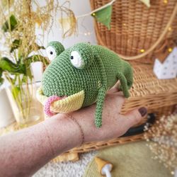 Stuffed green lizard plush toy for friend gift. Cute soft reptile for baby shower gift. Handmade kawaii chameleon toy