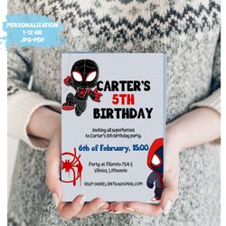 Black spidey birthday invitation, superhero invite, personalized birthday invitation, digital invitation jpg pdf
