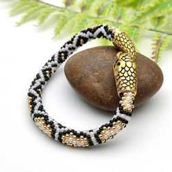 Snake bracelet, White snake beaded bracelet for women, Handmade bead bracelet, Ouroboros jewelry