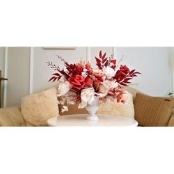Artificial roses arrangement, Red and white floral centerpiece, Faux roses table arrangement, Red flowers arrangement