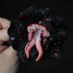 Gothic jewelry. Bloody black flower brooch. Creepy flower brooch.
