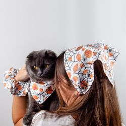 Spiderweb matching cat and human set. Halloween cotton kerchief with ties and scrunchie and pet bandana bib.