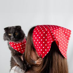 Matching cat human. Mushroom cat and owner gift set. Matching cottagecore bandana set.  Red and white polka dot kerchief