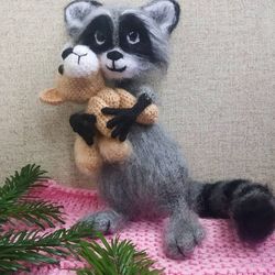 Stuffed animal plush Little fluffy raccoon on wire frame Gray custom raccoon interior toy with doggie