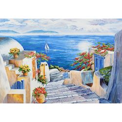 Seascape Oil Painting Sailboat Original Art Flower Painting Greece Santorini Wall Art Stretched Canvas