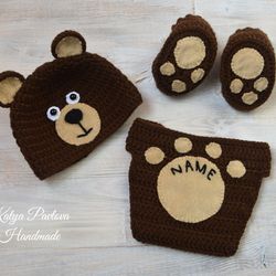 Baby bear outfit clothes Personalized gifts boy girl Newborn hat Crochet shoes booties Monogram diaper cover Set Suit