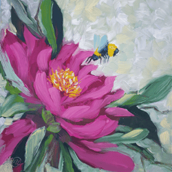 Bee Painting Floral Original Art Tropical Wall Art Flower Small Oil Painting