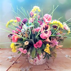 Summer faux flower arrangement, Silk floral centerpiece, Wildflowers table arrangement, Summer meadow floral arrangement